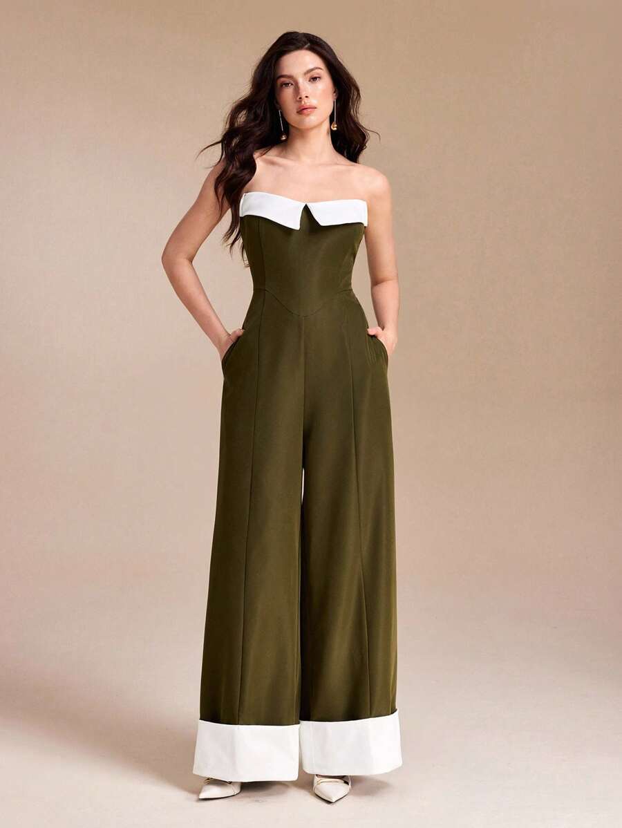 NAJILARAQUELDESIGNS 露肩撞色白色翻领阔腿休闲连体裤女夏装露肩连体裤女式连体裤抹胸连体裤阔腿连体裤优雅连体裤商务装秋装 - 軍綠色 - 查看 1