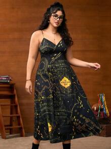 HARRY POTTER X SHEIN Plus Size Retro Allover Print Cinched Waist Cami Midi Dress, Summer Marauders Map Dress Celestial Dress Black Dress Sun Dress - Black - View 4