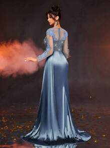 Glamrae 优雅奢华的海军蓝 V 领透视长袖蕾丝贴花亮片美人鱼褶皱开衩长裙，搭配闪亮弹力绉布，适合婚礼、派对、舞会、宴会、夜间外出（重刺绣设计）