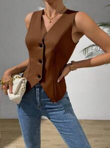 Zielony Damska kamizelka bez rękawów, swobodna, z rozcięciem, w stylu Maillarda, letnia, brązowa, na studia - Kawowy brązowy - Zobacz 4
