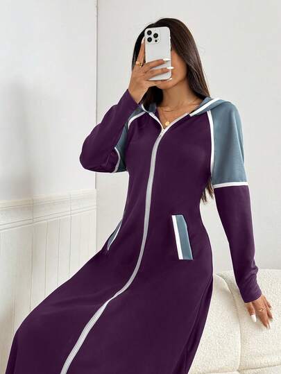 Modelyn 女式休闲撞色滚边斜口袋拉链前连帽阿拉伯简约长袖连衣裙运动连帽连衣裙