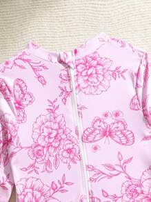 小女孩夏季海滩度假可爱蝴蝶结花卉数码印花3D蝴蝶结荷叶边拉链连体泳衣