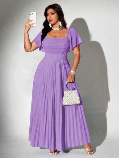 Viva Relle Plus Size Women's Elegant Romantic Party Pleated Chiffon Ruffled Sleeve Short Sleeve Dress, Suitable For Weddings