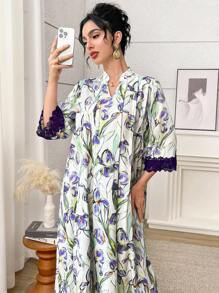 Yasmyna 浪漫花卉褶皱蕾丝边土耳其女士长裙和阿拉伯传统长袍 - 紫色 - 查看 1