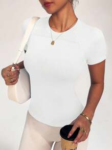 Easithlete Áo thun thể thao tay ngắn Raglan trơn màu dành cho nữ, dáng ôm, dáng ôm - trắng - Xem 5