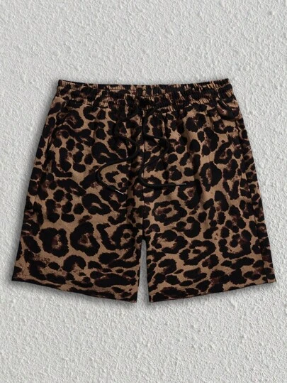 Manfinity BRENVOR Men Leopard Print Drawstring Waist Shorts Graphic Vacation Shorts, For Husband, Boyfriend Gifts