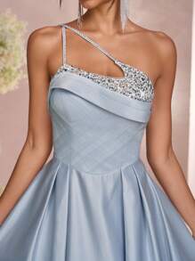 Glamrae Women's Elegant Gray-Blue Evening Dress,Luxurious Sequin Embroidery Rhinestone Decoration,Off-Shoulder Asymmetrical Neckline,Formal Banquet Gown - Gray Blue - View 5