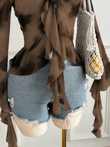 Comfortcana 大码女式扎染荷叶边扭纹细节露肩长袖衬衫，浪漫春天 - 棕色 - 查看 6