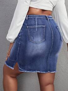 SHEIN SXY Plus Size Women Pocket Fringe Hem Bodycon Denim Mini Skirt