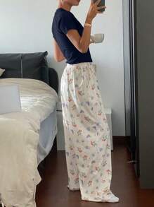 DAZY 2件套女士水果印花宽松裤+纯色短袖睡衣套装睡衣 - 藏蓝色 - 查看 2