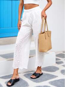 Tweens Mädchen weiße stickerei Hohlblume Wellen-Saum lässige Hose