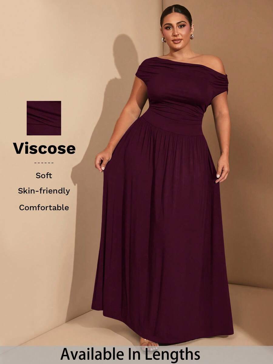 SHEIN Tall CURVE 大码女式优雅超级百搭弹力面料黑色或日常穿着、派对、露肩、大码女式、A 级长裙 - 酒紅色 - 查看 1