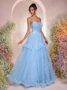 Glamrae Fustă maxi elegantă de lux, cu perle, paiete, dantelă florală, etichete, tifon, cu volane, sexy, bustieră, peplum, potrivită pentru nuntă, petrecere a burlacilor, vacanță, gală, rochie de seară formală (cu ornamente intense). - Gri Albastru - Vizualizare 6