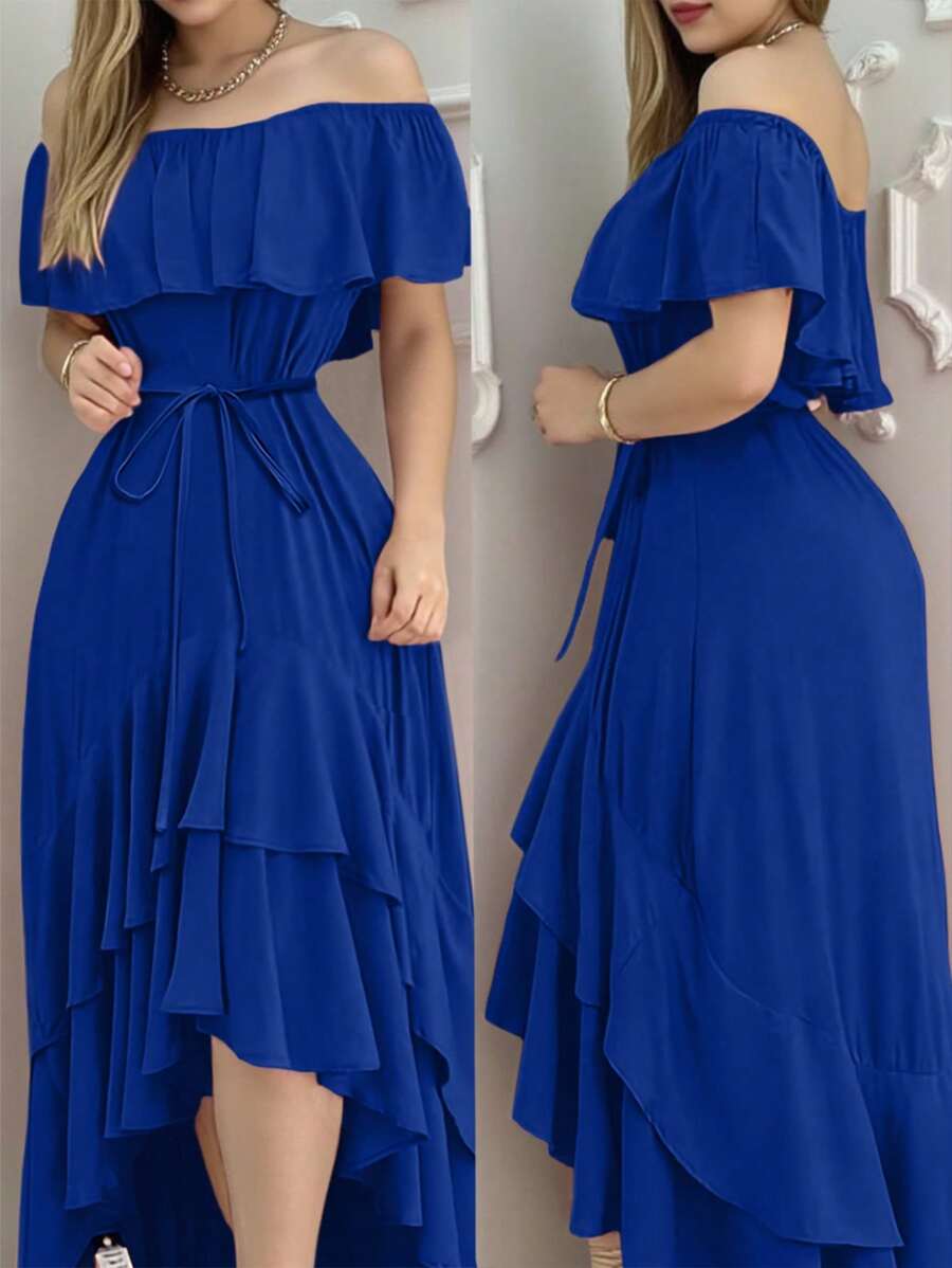 INAWLY فستان نسائي قصير الأكمام ذو الأكتاف المكشوفة ، صيفي - الأزرق - مشاهدة 1