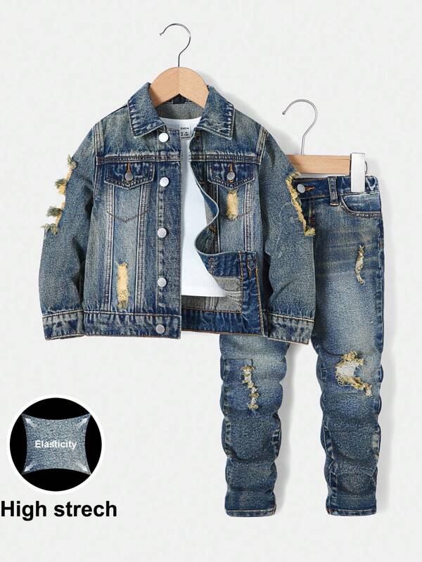 SHEIN Conjunto de 2 piezas para niño pequeño con chaqueta de mezclilla azul casual de manga larga con cortes y diseño deshilachado, y pantalones vaqueros skinny con diseño elástico, cortes y efecto deshilachado para uso diario y atuendos de otoño