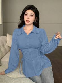 Modelyn Lace-Up Front Button Decor Fashion Long Sleeve Shirt Fall Cloth For Women - Blue - View 7