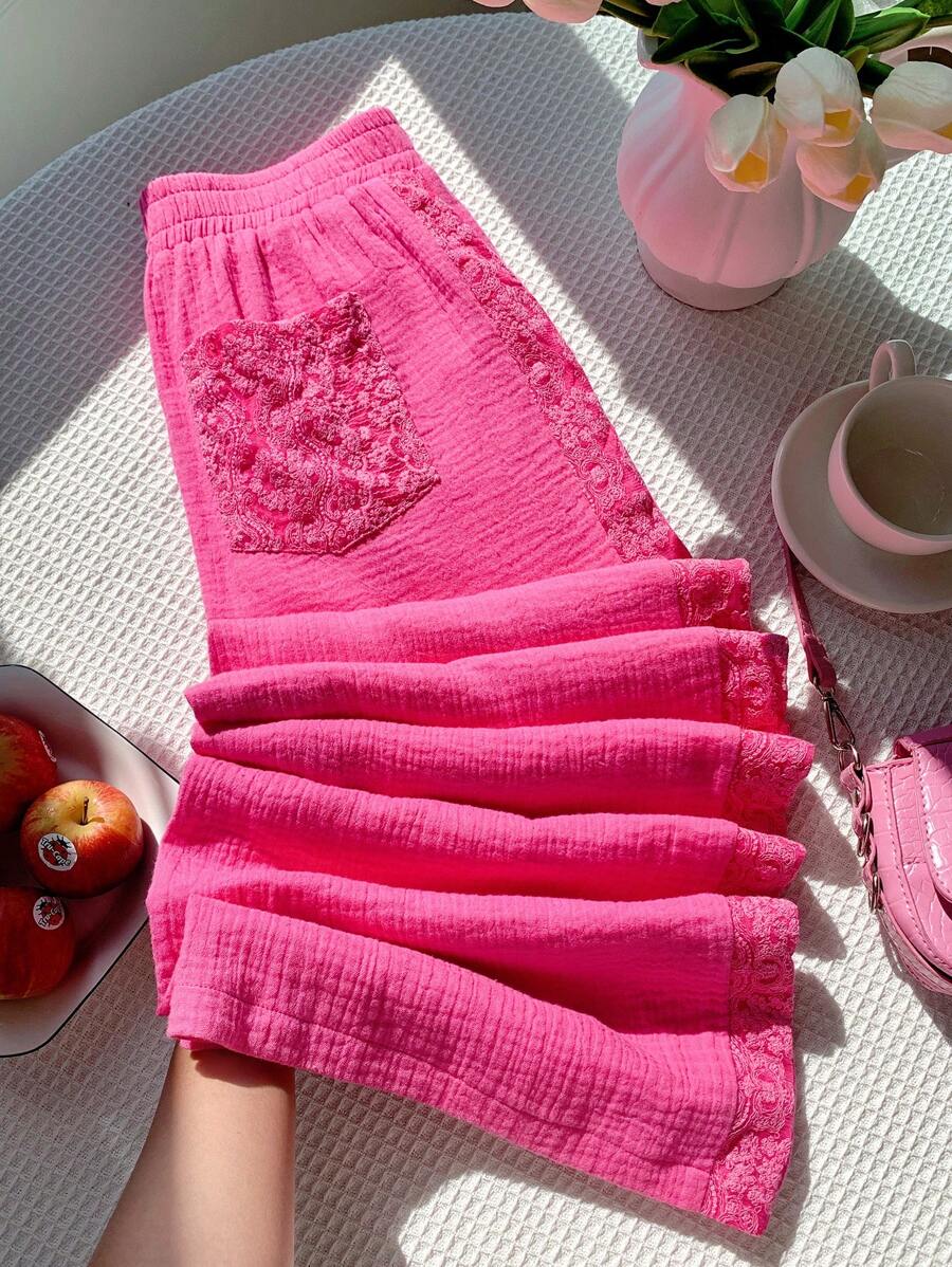 Comfortcana 女士休闲玫红色蕾丝拼接阔腿裤 - 玫紅色 - 查看 1