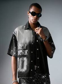ROMWE MEN Street Life Men's Boxy Fit Rhinestone Embellished Denim Shirt