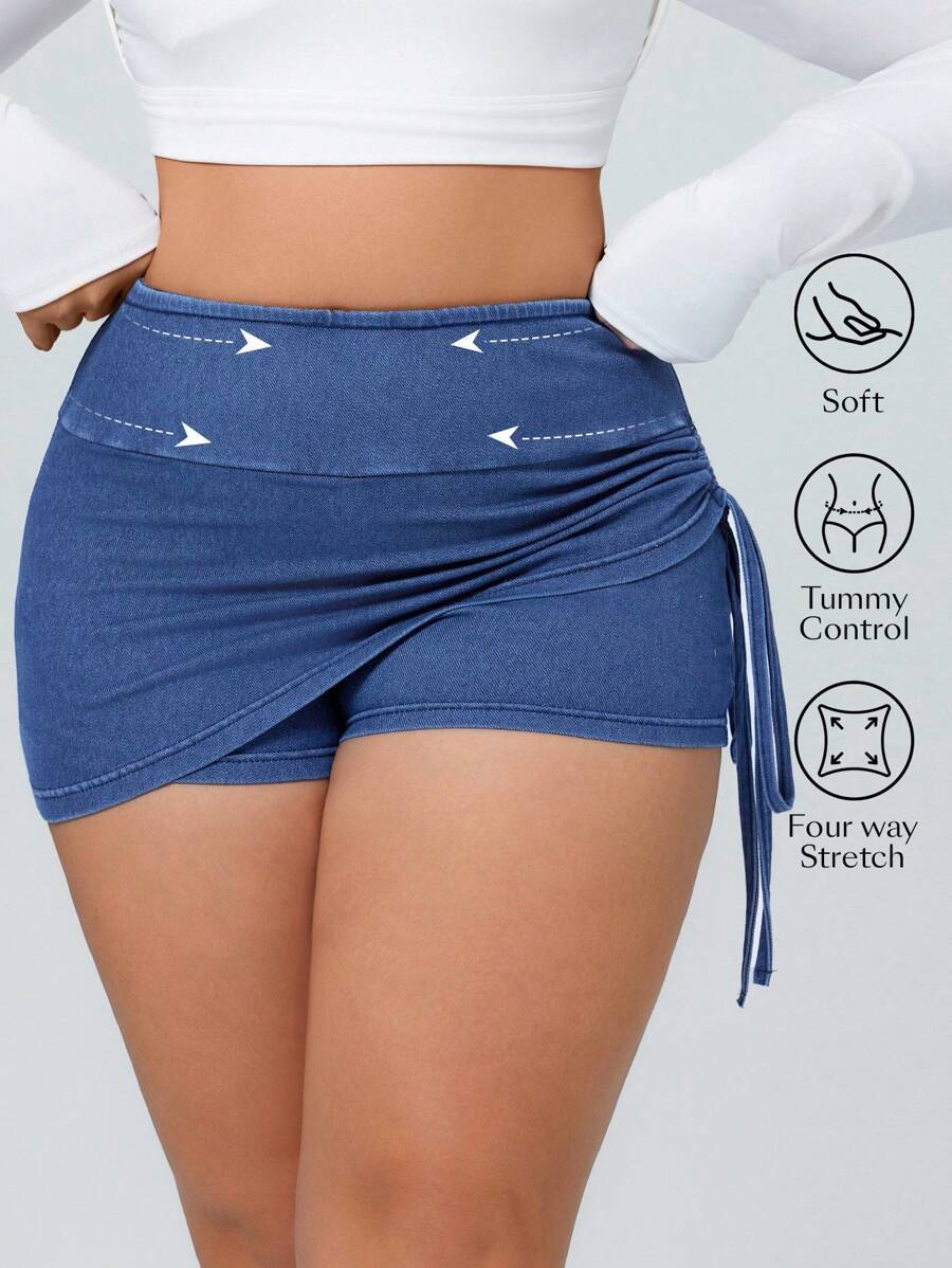 SHEIN Essnce Plus Size Women Elastic Drawstring Knitted Denim Skirt/Shorts, Sporty Style - Medium Wash - View 1