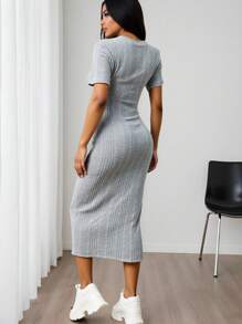 SHEIN EZwear Sukienka damska w rozmiarze plus size, jednokolorowa, z okrągłym dekoltem i krótkim rękawem, wiązana z boku, z bandażem i linią A - Szary - Zobacz 2
