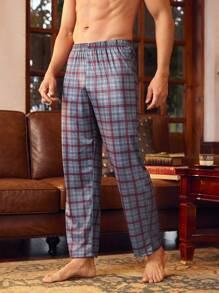SHEIN Men's Plaid Straight Leg Lounge Pants, Fall - Burgundy - View 1