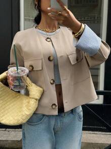 SHEIN EZwear 秋季女装 Old Money 秋季风衣 女士卡其色梭织短款风衣 短款夹克 女士夹克 女士西装外套 - 卡其色 - 查看 4