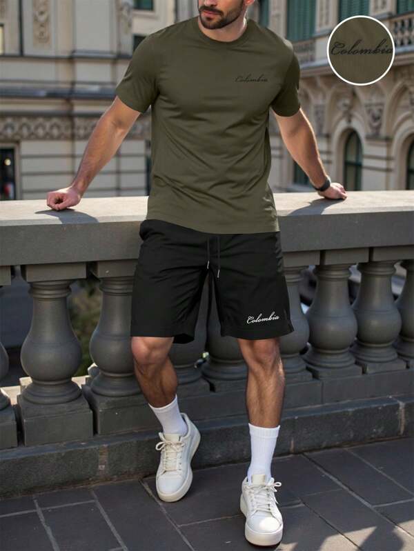 Manfinity Homme Men's Casual Letter Print Short Sleeve T-Shirt And Drawstring Waist Shorts Set, Summer Men Casual Short Set Mens Shorts And Tshirts 2 Piece Set Long Shorts T Shirt Men Dark Green T Shirt Men Black Shorts Men