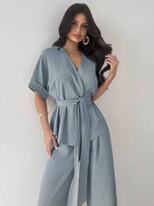 Firerie 2 件套女士休闲宽松西装，V 领衬衫和高腰阔腿裤，适合春夏秋季通勤、优雅、母亲节、教师节、工作装