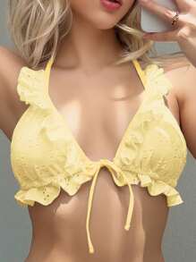 Swim Mod 女款夏季海灘針織提花抓皺三角黃色比基尼套裝，側綁帶泳褲，甜美兩件式泳衣 - 黃色 - 查看 7