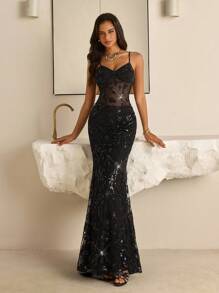 Vowa Thời trang, Gợi cảm, Tiên phong, Lưới, Bóng, Đen, Thêu hạt, Áo ngực dây mảnh, Trong suốt, Hở lưng, Chi tiết buộc dây, Váy dài đuôi cá, Thích hợp đi hộp đêm, Tiệc tùng, Bãi biển, Kỳ nghỉ, Váy dạ hội trang trọng dành cho nữ (Phong cách nặng nề) - màu đen - Xem 7