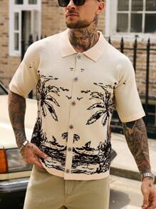 Manfinity RSRT 男士休闲图案印花纽扣圆领短袖针织毛衣男士图案衬衫男士衬衫街头潮流 - 彩色 - 查看 7