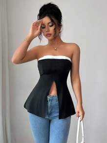 Elenzga Áo crop top hở lưng màu tương phản dành cho nữ, áo peplum - màu đen - Xem 3