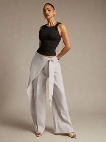 Hauture 女式纯色扭纹不对称领无袖上衣，修身款夏季 - 黑色 - 查看 2