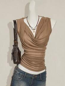 SHEIN ICON Débardeur ample au décolleté plongeant avec perles, dos nu, style américain, polyvalent