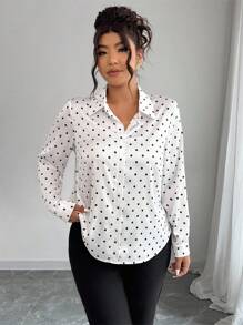 Elenzga Plus Size Polka Dot Print Button Up Short Sleeve Shirt With Random Print Fall Cloth For Women - Black and White - View 7