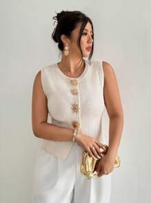 Firerie Plus Size Women Metal Decor Knitted Vest, Casual For Summer White Knit Top White Elegant Top White Vest For Women Tops For Women Elegant Knit Vest Fall Women Clothes Winter Cdothes For Women  Teacher Back To School Clothes,Business Casual Woman Autumn - Apricot - View 7