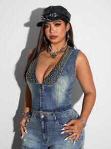 Jeanoix Plus Size Women Beaded Design Deep V-Neck Fitted Sexy Denim Vest Jacket Y2K