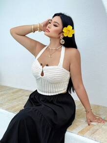 Flirla Áo không tay họa tiết dệt kim thanh lịch cỡ lớn cho nữ, thiết kế nơ cổ thắt kim loại, trang phục dự tiệc đa năng cho mùa xuân/hè 2025 - Màu be - Xem 3
