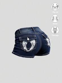 SHEIN Girlism Teen Girls Y2K Solid Washed Low Rised Skinny Denim Jeans Mini Shorts With Letter Wing Embroidered Pocketed,Summer Boho Beach Concert Rave Festival Outfits,Summer Cute Shorts Boho Beach Concert Rave Festival Streetwear Outfits,Girls Graduation Summer Vacation Outfits - Dark Wash - View 1