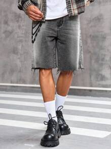 Manfinity LEGND Plus Size Men's Pocket Design Frayed Bermuda Casual Denim Shorts Grey Jean Shorts Men Men Casual Washed Denim Shorts Tropical Hang Out Street - Grey - View 7