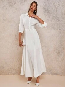 COSMINA Women's Solid Color Dress With Front Button Belt Elegant - White - View 5