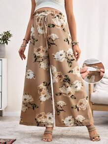 SHEIN Maternity Floral Print Comfortable Elegant Wide Leg Pants With Frill Trim - Khaki - View 1