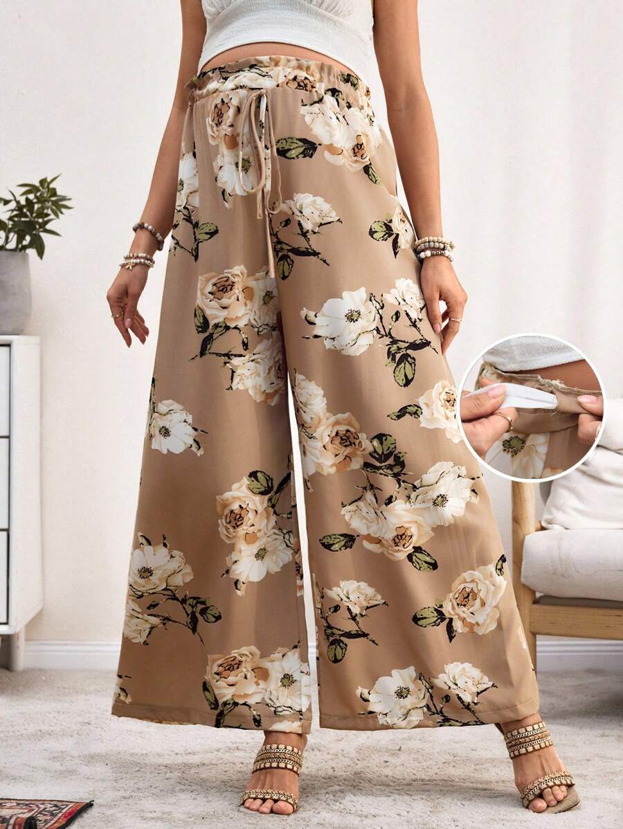 SHEIN Maternity Floral Print Comfortable Elegant Wide Leg Pants With Frill Trim - Khaki - View 1
