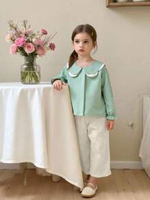 Young Girl Colorblock Floral Collar Ruffle Sleeve Blouse, Suitable For Daily Wear And Friendly Gatherings/Parties, Autumn/Spring