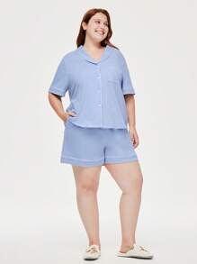 LUVLETTE Women's Plus-Size Breathable 100% Pure Cotton Blue Short-Sleeve Button-Up Top & Shorts Airy Loungewear Pajama Set Pants With Pockets