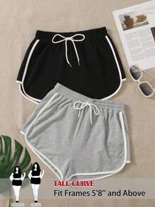 SHEIN Tall CURVE Plus Size 2pcs Drawstring Waist Contrast Binding Track Shorts, Wearable In All Seasons - Multicolor - View 1