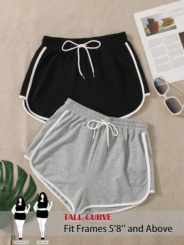SHEIN Tall CURVE Plus Size 2pcs Drawstring Waist Contrast Binding Track Shorts