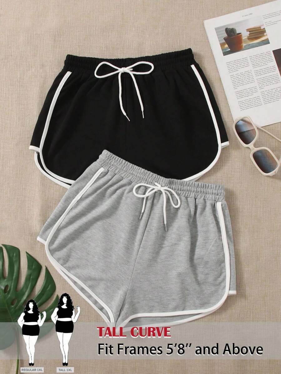 SHEIN Tall CURVE Plus Size 2pcs Drawstring Waist Contrast Binding Track Shorts, Wearable In All Seasons - Multicolor - View 1
