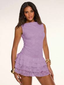 SHEIN BAE White Lace Floral Cake Tiered Culottes Sleeveless Ruffled Mini Dress Summer Holiday Boho Style, Elegant, Beach Holiday,Western Wear Women,Ibiza Outfits , Rave Outfits , Concert Outfit Women - Mauve Purple - View 5