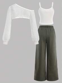 Girlism 3pcs Tween Girls Black & Beige Casual Matching Set, Street Style, Back To School, Ribbed Knit Sleeveless Vest With Camisole Top And Shorts, Spring & Summer  Suitable For Spring & Summer/Daily Wear With Girlfriends/Suitable For Autumn/Winter